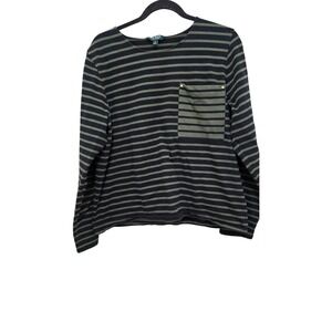 Lauren Ralph Lauren Women Black & Green Striped Long Sleeve Shirt W/ Pocket XL